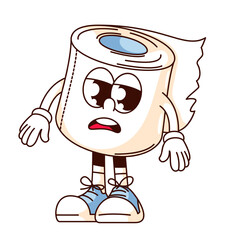 Groovy toilet paper roll cartoon character with sad face. Funny retro tissue spool in sneakers, hygiene in lavatory mascot, cartoon unhappy toilet towel sticker of 70s 80s style vector illustration