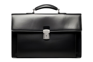 A black leather briefcase with a silver clasp, white background, transparent background
