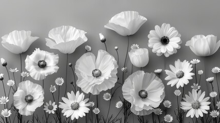 Black and white floral clipart bundle, Poppy flower, daisy, chamomile isolated elements, meadow flowers