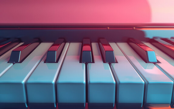 abstract colorful piano keys in a gradient of pink and blue neon lights