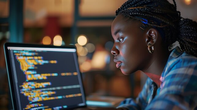 A young black female coder debugging software on her laptop, technology company in background 