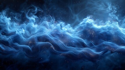 A beautiful swirling blue smoke moves over a black background. Wide angle horizontal wallpaper or web banner mockup.