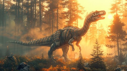 predator dinosaur on forest is looking for prey