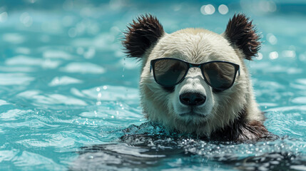 Cool panda swimming in pool with sunglasses, panda wearing stylish sunglasses while leisurely...