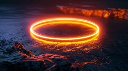 Sleek neon ring on dark backdrop, perfect for futuristic product showcase