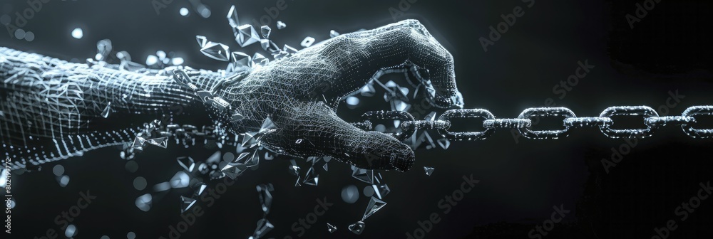 Wall mural 3d mesh wireframe hand with virtual chains breaking, symbolic for security software advertising.