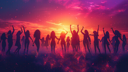 Fototapeta premium illustration of silhouettes of woman dancing in the nightclub as silhouette in front of party rays