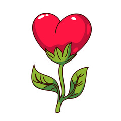 Groovy cartoon growing plant with glossy red heart and green leaves. Funny retro cute love flower with leaf, Valentines Day mascot, cartoon heart gift sticker of 70s 80s style vector illustration