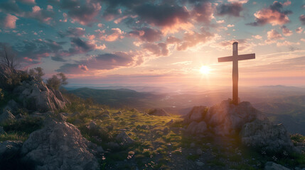 Obraz premium cross at bright sunset, concept of christianity that every life comes to an end, created with generative AI technology