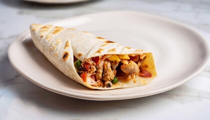 macro shot of a burrito on a plate with a servery table on a white marble countertop