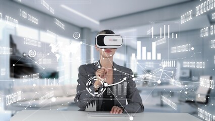 Woman selecting market world dynamic data research analysis sliding graph monitor via VR global...