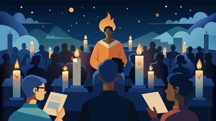 Obraz premium The night sky lit up by candles held by the audience as they participate in a candlelit reading of Langston Hughes iconic poem Harlem at the Liberty. Vector illustration