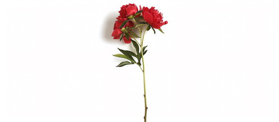  A single stem of elegant red peonies, arranged vertically to showcase their grace against a clean white canvas, all depicted in stunning full ultra HD detail.