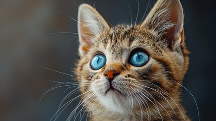 This close up of a gray tabby kitten with blue eyes is a concept of pets and lifestyle. It has a grey background with a fluffy cat on top.