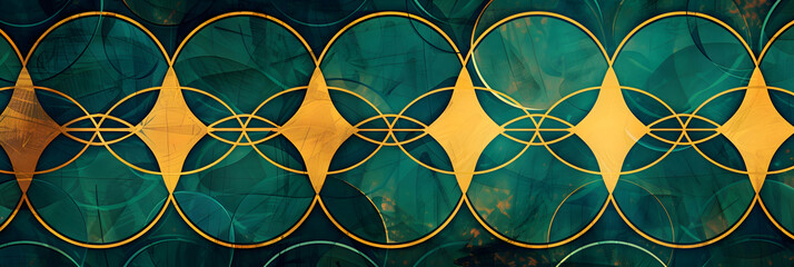 An HD image of a geometric pattern with repeating circles and intersecting lines in a vibrant teal and yellow, evoking a sense of energy and brightness