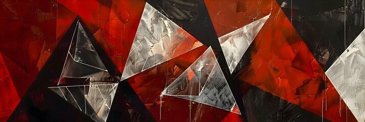 An HD image of a geometric composition with overlapping diamonds and sharp triangles in a vibrant red and black, emphasizing contrast and visual impact