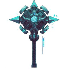 Obraz premium Stylish combat mace in cyberpunk style on a white background 2D logo
