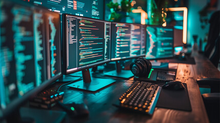 Obraz premium Row of Computer Monitors on Desk