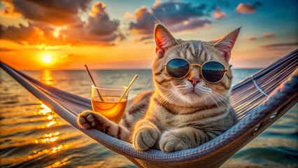 cat in glasses with a cocktail in a hammock against the backdrop of the sea coast and sunset. Resort holiday concept