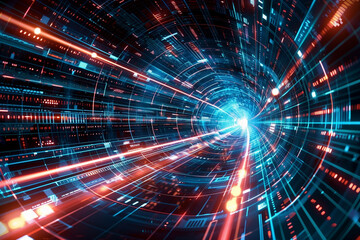 Fototapeta premium Vibrant Blue and Red Tunnel Lit With Numerous Lights