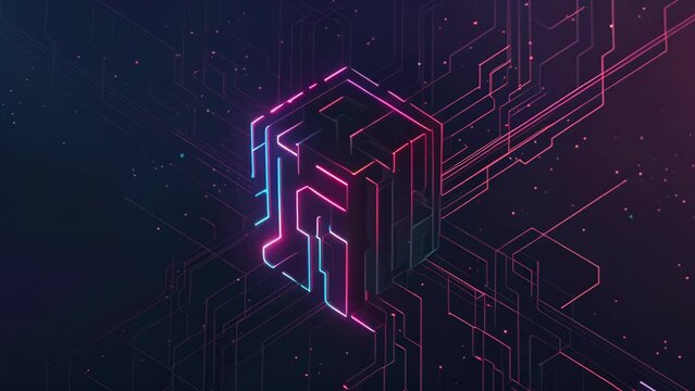 Animated logo for technology company of a colorful violet and blue cube icon with circuits forming around it 