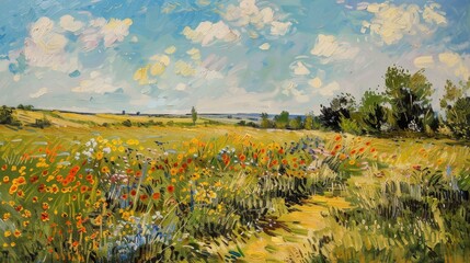 Impressionist painting of a vibrant summer meadow with wildflowers under a sunny sky, evoking tranquility.