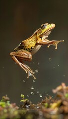Fototapeta premium A dynamic shot of a frog mid-jump over water, capturing the moment of action with a splash in a natural pond setting, highlighting the grace and energy of wildlife.