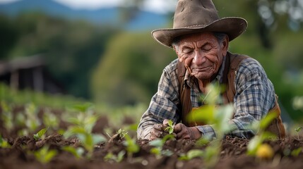 A man in a hat and vest is tending to a field of plants