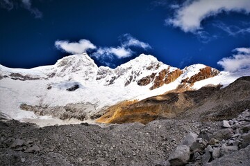 Picturesque view of snow-capped Huandoy situated in the Cordillera Blanca range of the western...