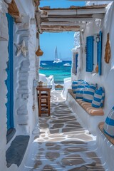 A whitewalled alley in Mykonos, with blue window frames and blue accents, overlooking the sea with sailboats on it. A rustic wooden table and white walls with stripes of soft colors.