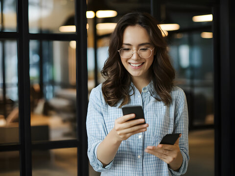 Mujer joven pagando con su tel&eacute;fono celular