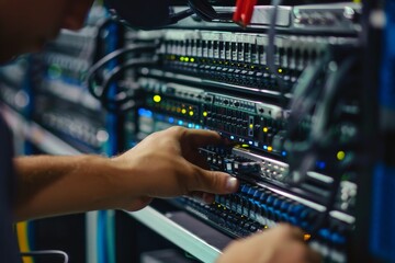 A data center technician troubleshooting a row of servers.