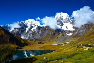 View of Yerupajá (6635 m), the second highest mountain in Peru and the highest in the Huayhuash...
