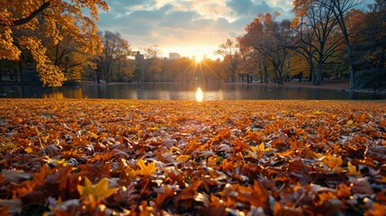 A field of autumn leaves with a sun shining on it - Powered by Adobe
