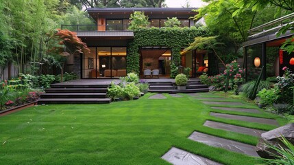 A large house with a lush green lawn and a stone walkway