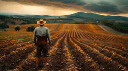 A man in a straw hat stands in a field of crops - Powered by Adobe