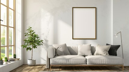 frame mockup, farmhouse living room interior, 3D.