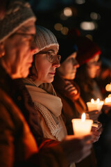 A realistic photograph of a diverse group of people holding candles during a candlelight vigil for peace, conveying a sense of solemnity and shared commitment to promoting harmony and understanding.