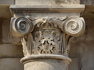 Detailed view of a stone ionic capital with intricate carvings and volutes against a neutral background.