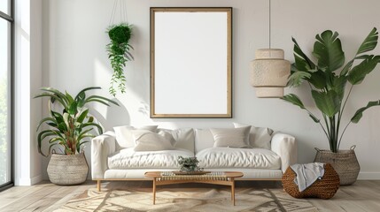 frame mockup, farmhouse living room interior, 3D.