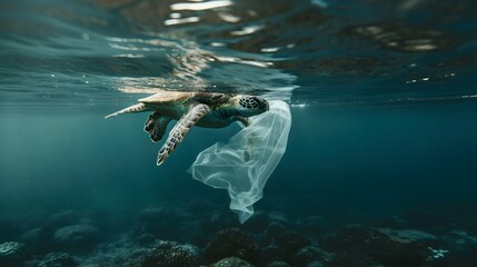 A sea turtle was swimming in the ocean with an empty plastic bag on its back, highlighting environmental pollution and the issue of marine microplastics
