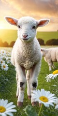 Fototapeta premium White sheep on green grass floral meadow