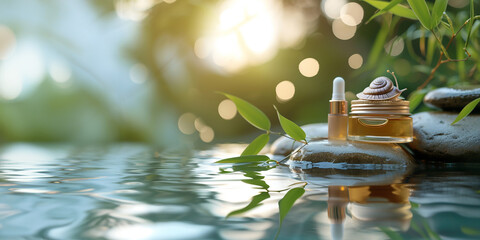 Experience the calming effect of our skincare range, displayed on water's edge with fresh bamboo...