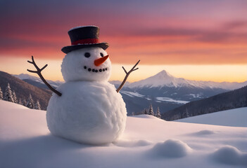 Obraz premium Funny snowman in winter mountain scenery. Merry christmas and happy new year.