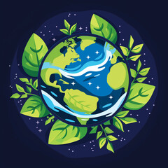 Illustration of earth surrounded by lush green leaves