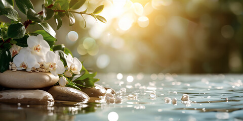 A soothing scene featuring a blooming white orchid on moist pebbles near a reflective water surface, offering a perfect backdrop for health and meditation concepts.