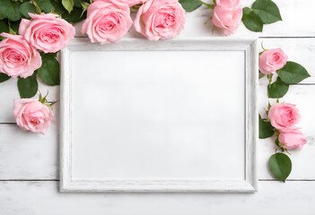 Pink rose flowers with photo frame for text