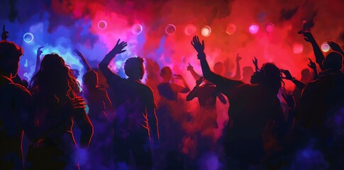 Group of people dancing in the dark, underground club party, hands raised and smiling, dance to...