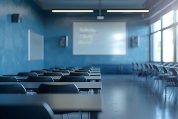 A contemporary classroom with rows of desks, a large projection screen, and ambient blue lighting