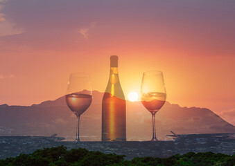 wine glass on sunset background
